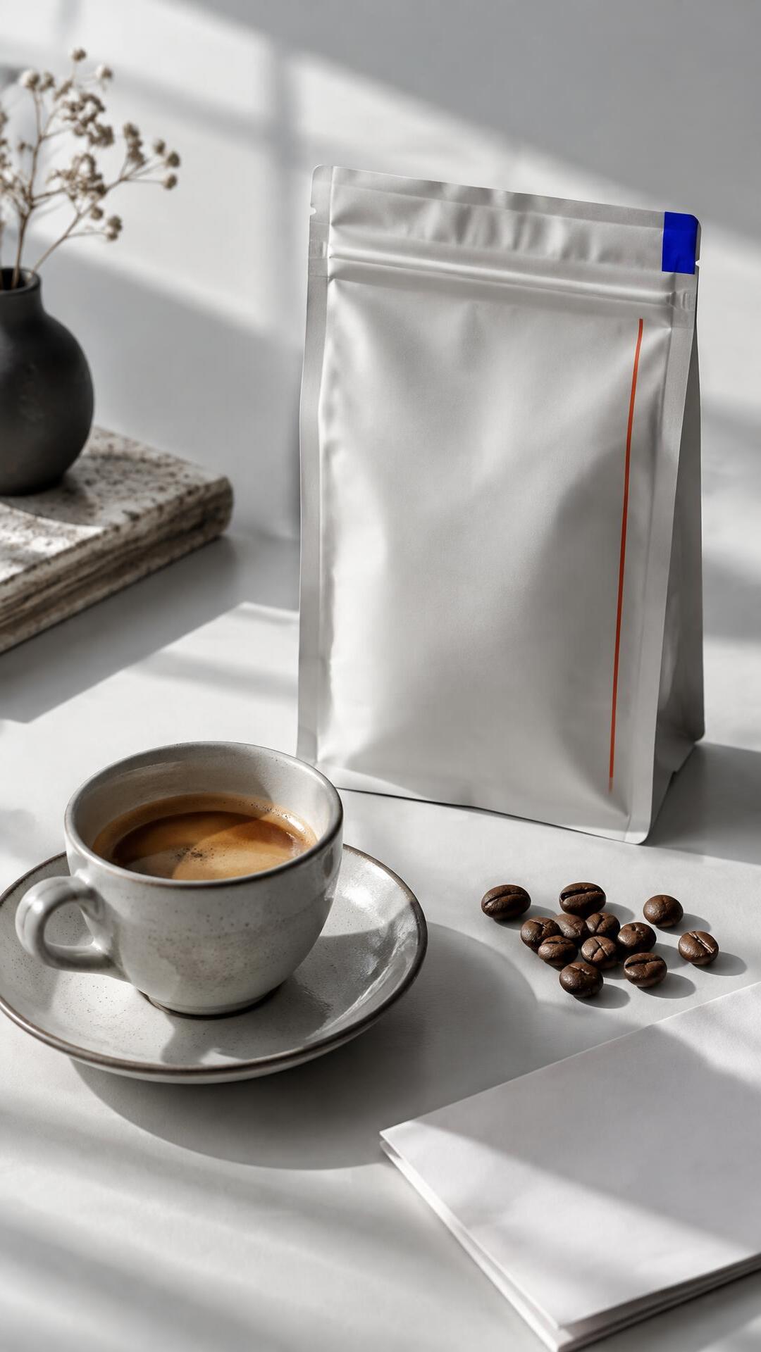 Unbranded coffee pouch and ceramic cup in morning light