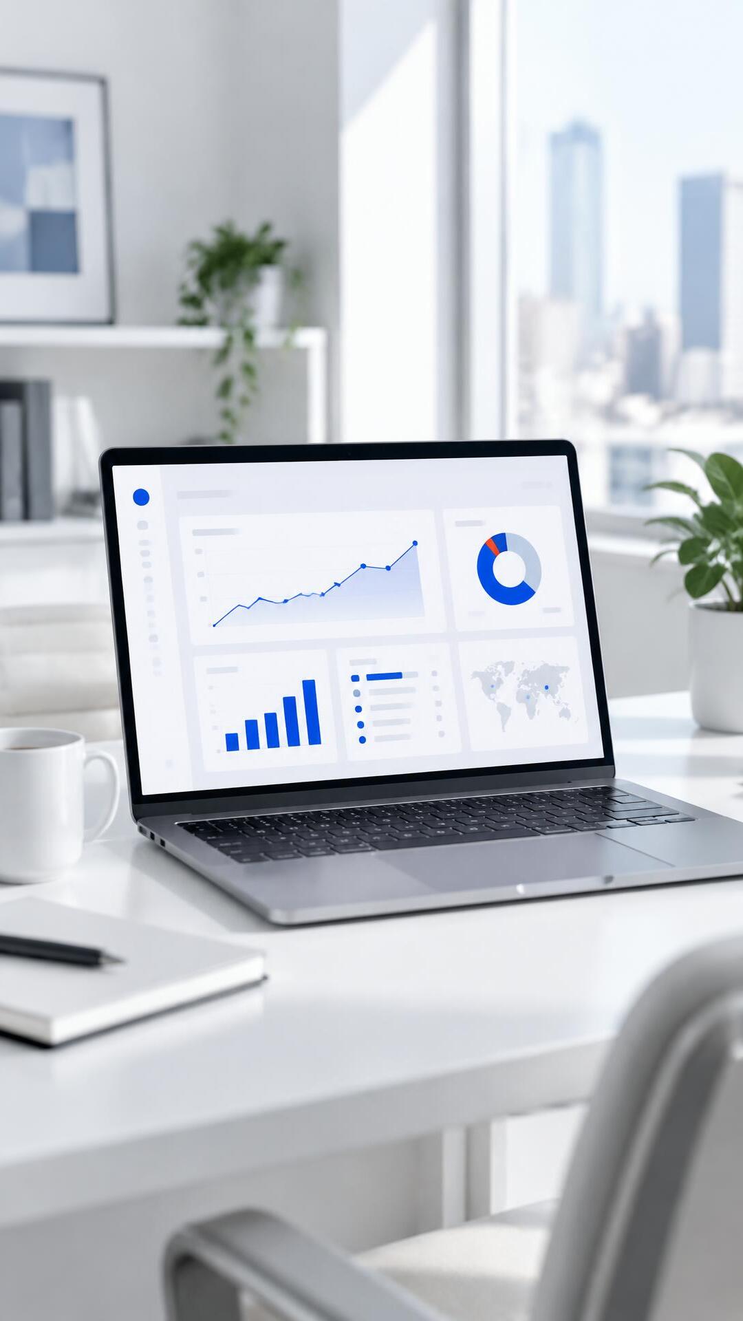 Laptop displaying an abstract SaaS dashboard in a bright office